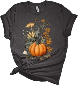 Fall Pumpkin Vintage Flowers Tshirt Women Cottagecore Girls Graphic Tee Casual Nature Shirts Tops