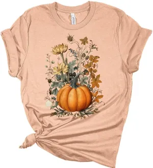 Fall Pumpkin Vintage Flowers Tshirt Women Cottagecore Girls Graphic Tee Casual Nature Shirts Tops