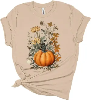 Fall Pumpkin Vintage Flowers Tshirt Women Cottagecore Girls Graphic Tee Casual Nature Shirts Tops