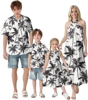 Family Matching Hawaiian Outfits, Dad and Son Beach Vacation Polo Button Down Shirts Mommy Daughter Dress