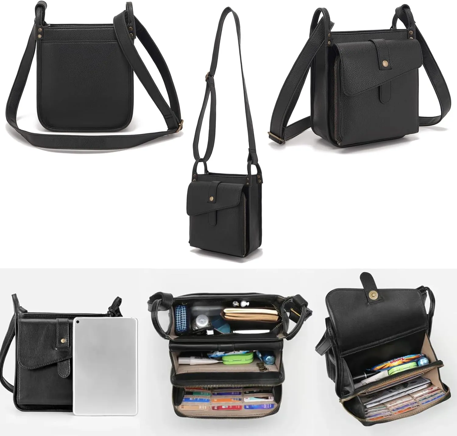 FETNHU Popularate Unique Design Crossbody Leather Bag, Premium Leather Retro Handmade Satchel, Women's RFID Blocking Waterproof Shoulder Bag (Black, 16cm x 20.5cm x 7cm)