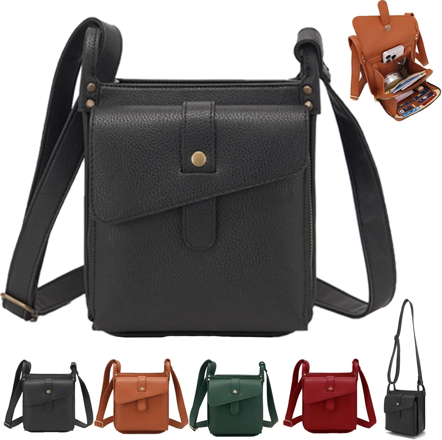 FETNHU Popularate Unique Design Crossbody Leather Bag, Premium Leather Retro Handmade Satchel, Women's RFID Blocking Waterproof Shoulder Bag (Black, 16cm x 20.5cm x 7cm)