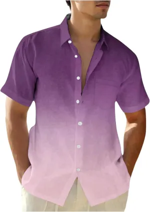 Finelylove Mens Button Down Short Sleeve Shirt Gradient Color Regular Fit Hawaiian Shirt Lightweight Casual Summer Shirts
