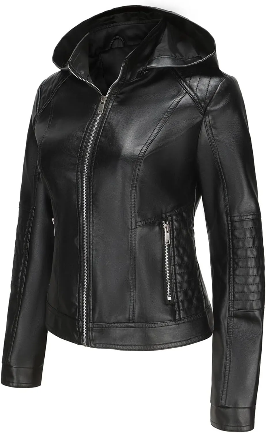 Firzero Women's Faux Leather Jacket Black Moto Biker Coats with Detachable Hood Zip Up Motorcycle Jackets Outwear