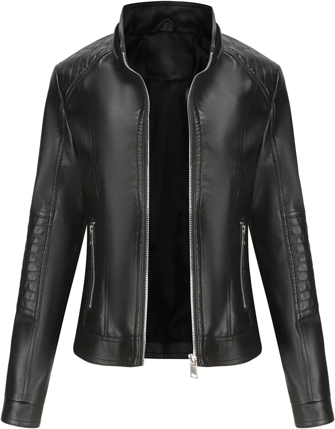 Firzero Women's Faux Leather Jacket Black Moto Biker Coats with Detachable Hood Zip Up Motorcycle Jackets Outwear