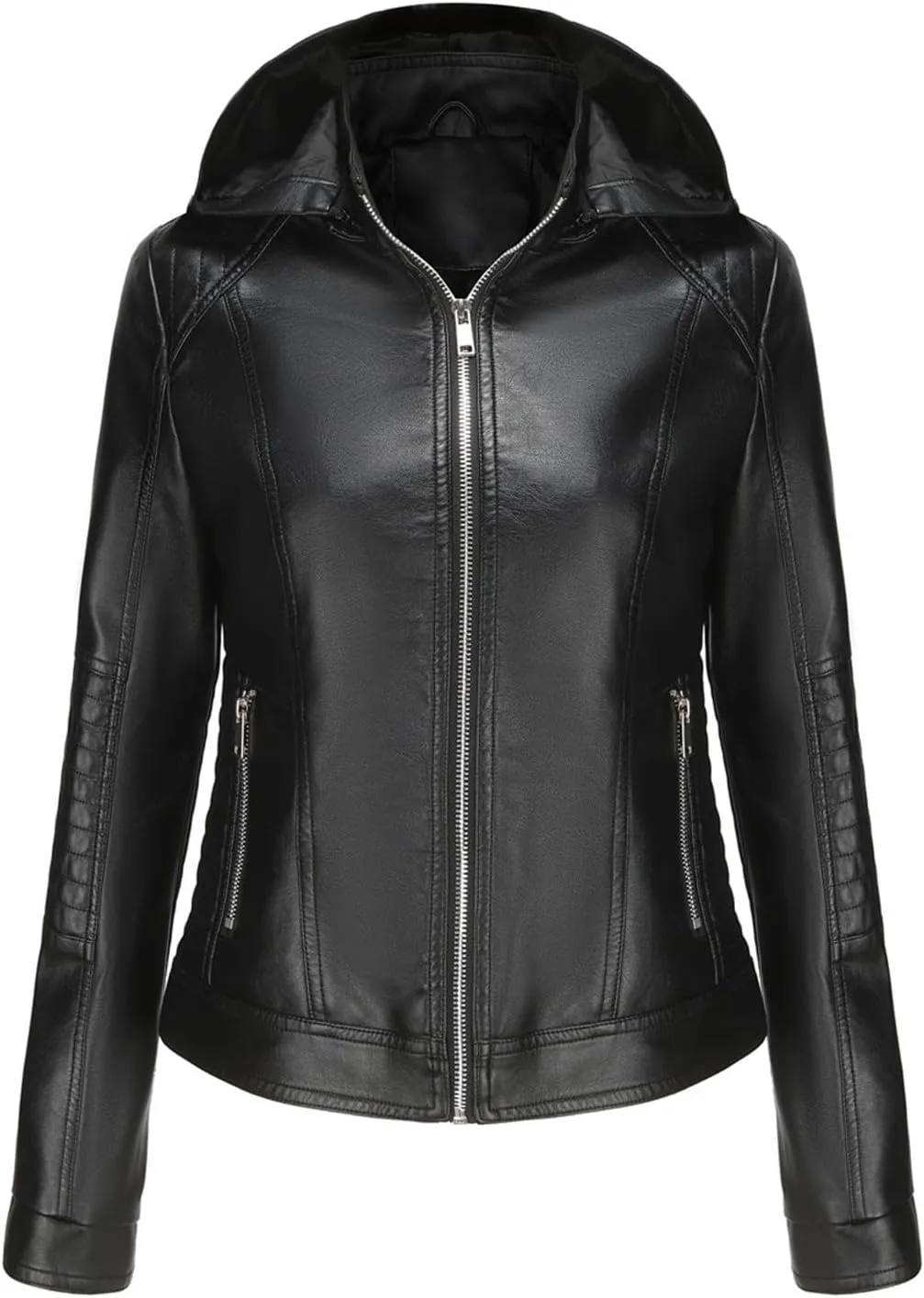 Firzero Women's Faux Leather Jacket Black Moto Biker Coats with Detachable Hood Zip Up Motorcycle Jackets Outwear