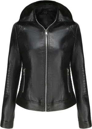 Firzero Women's Faux Leather Jacket Black Moto Biker Coats with Detachable Hood Zip Up Motorcycle Jackets Outwear