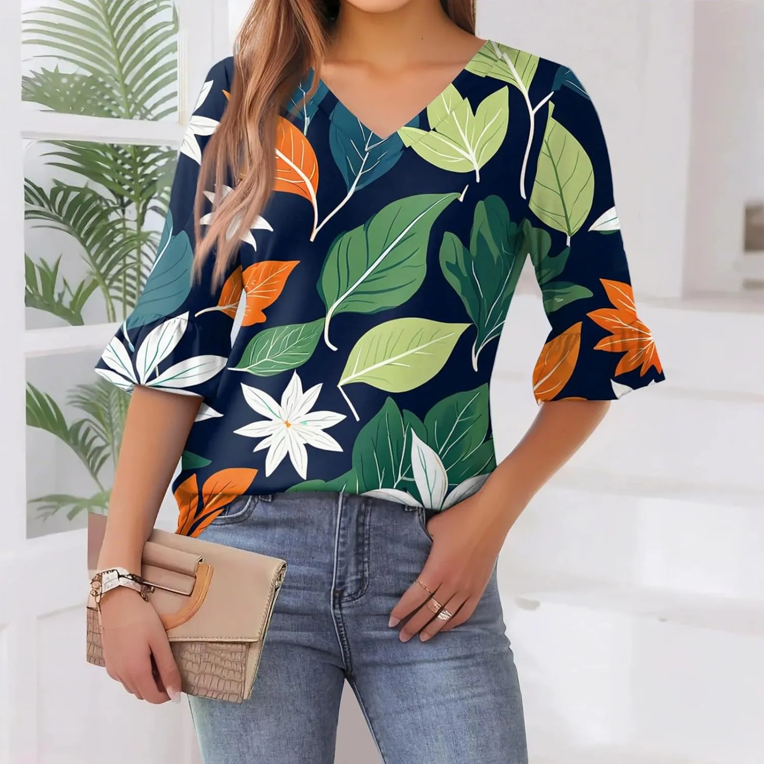 Five-Pointed Sleeve T-Shirts for Women Floral Print Lightweight Going Out Tops 2025 Casual Loose Summer Tees Blouses