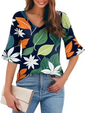 Five-Pointed Sleeve T-Shirts for Women Floral Print Lightweight Going Out Tops 2025 Casual Loose Summer Tees Blouses