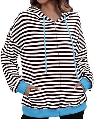 Fleece Jacket Women Color Block Striped Winter Coats Long Sleeve Zip up Jackets Casual Hooded Coat Pockets Outdoor
