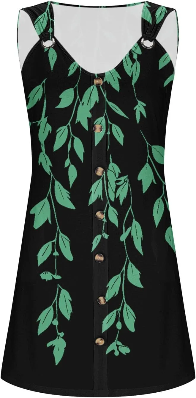 Floral Dress for Women Casual Button Trim Sleeveless V Neck Mini Sundress O-Ring Straps Cover Ups Beach Tank Dresses