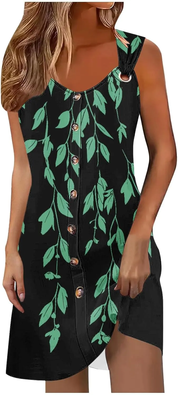 Floral Dress for Women Casual Button Trim Sleeveless V Neck Mini Sundress O-Ring Straps Cover Ups Beach Tank Dresses