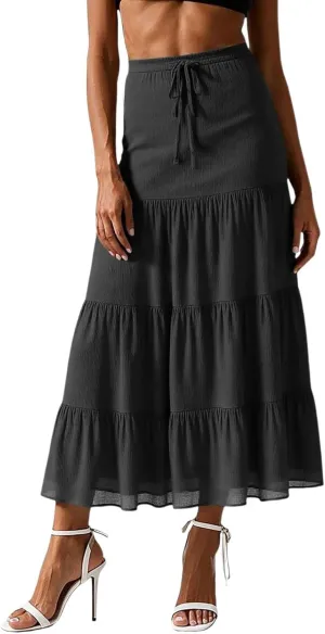 Floral Maxi Skirt for Women Summer Comfy Tiered Elastic High Waisted Skirts Vacation A-Line Flowy Swing Long Skirts
