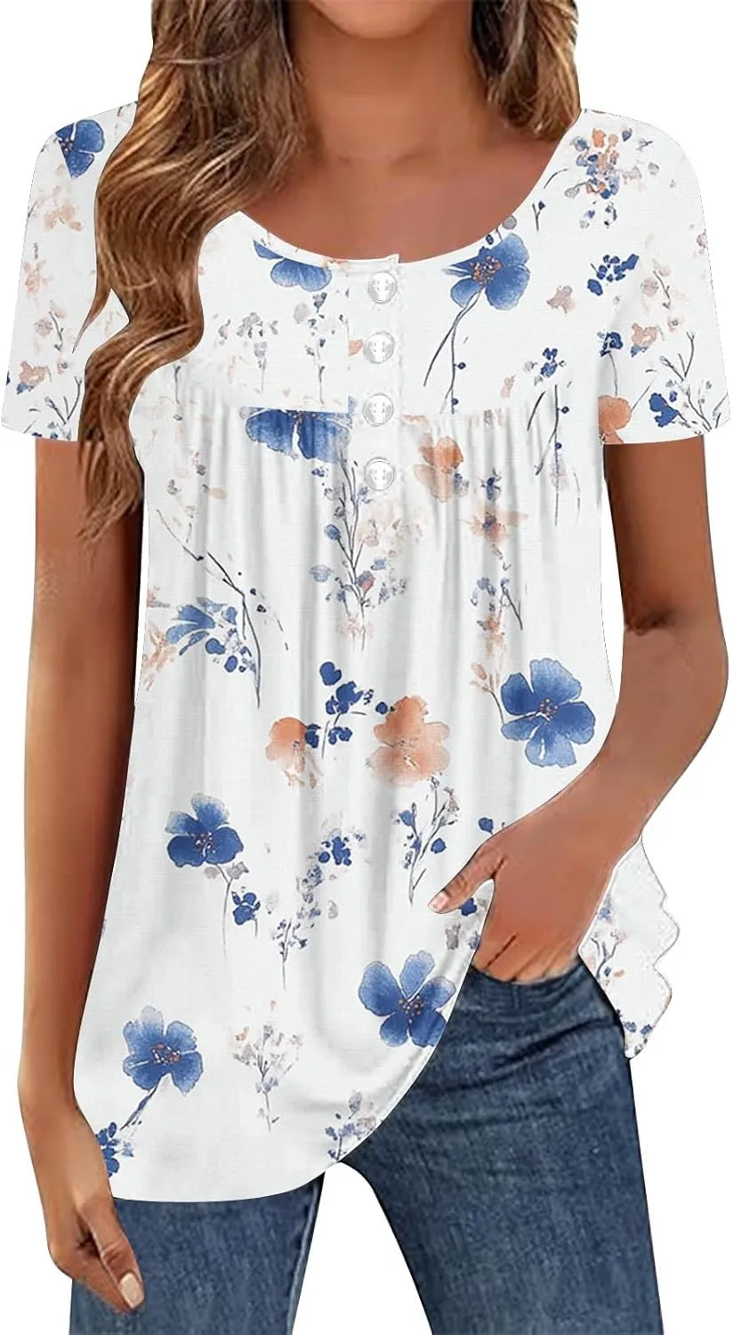Floral Tops for Women 2025 Short Sleeve Boho Summer Tshirt Dressy Casual Trendy Blouse Ladies Boho Hawaiian Shirts