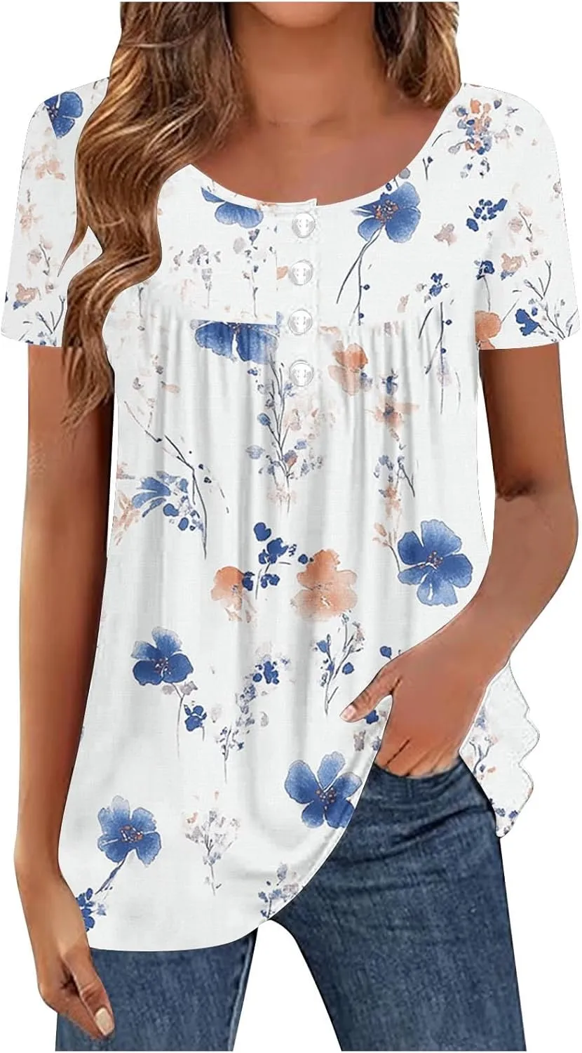 Floral Tops for Women 2025 Short Sleeve Boho Summer Tshirt Dressy Casual Trendy Blouse Ladies Boho Hawaiian Shirts