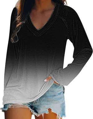 Flowers Graphic Long Sleeve V Neck Tees Shirts for Women Casual Loose Fitted Tshirts Boho Wildflower Trendy Tops