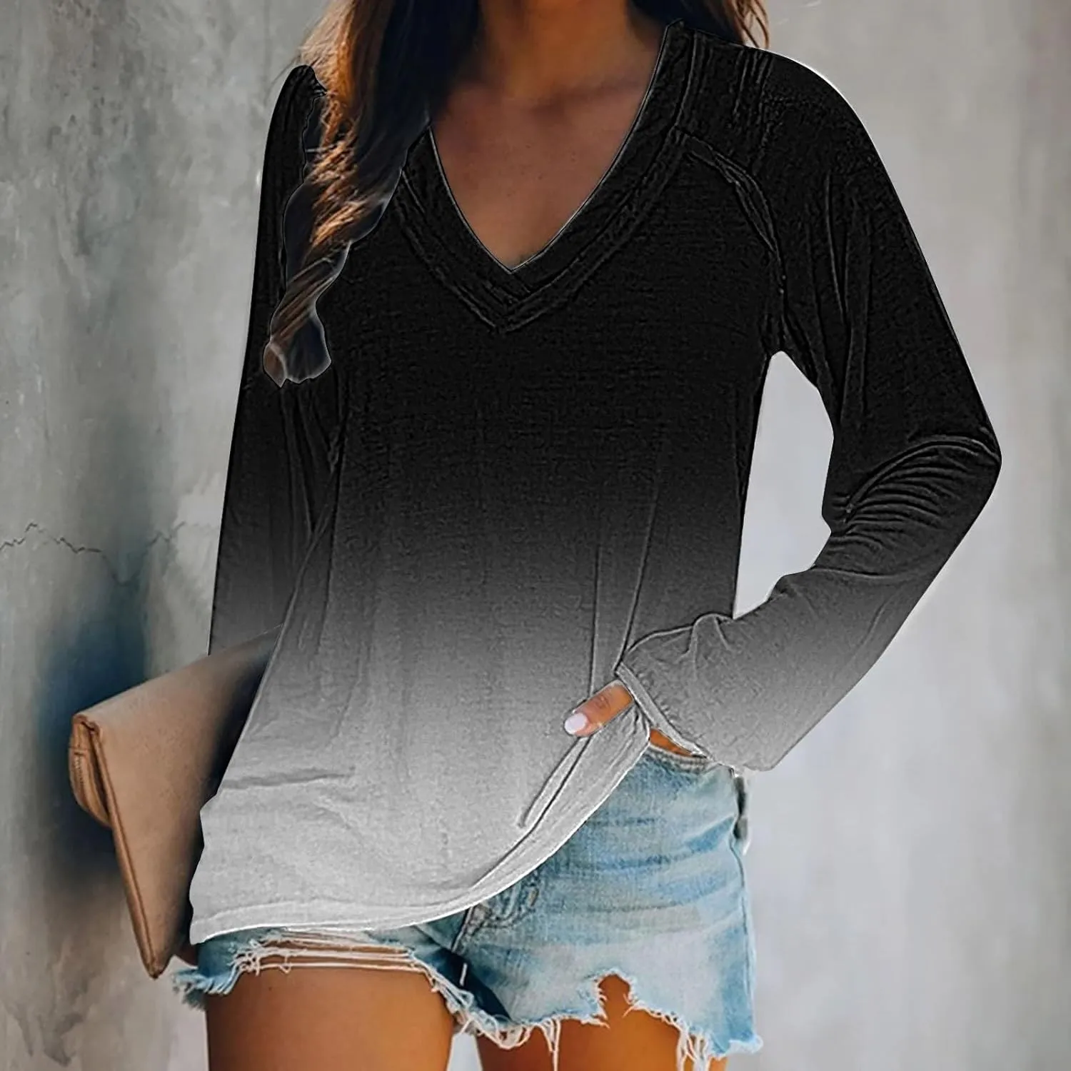 Flowers Graphic Long Sleeve V Neck Tees Shirts for Women Casual Loose Fitted Tshirts Boho Wildflower Trendy Tops