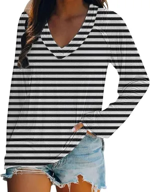 Flowers Graphic Long Sleeve V Neck Tees Shirts for Women Casual Loose Fitted Tshirts Boho Wildflower Trendy Tops