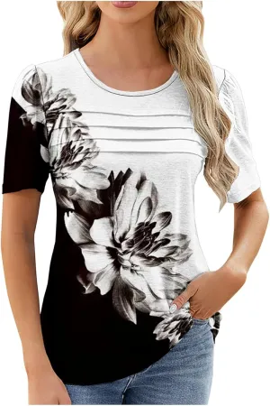 Flowy Summer Tops for Women Trendy Boho Floral Print Tunic Shirts 2025 Casual Short Sleeve Button Crew Neck T Shirt