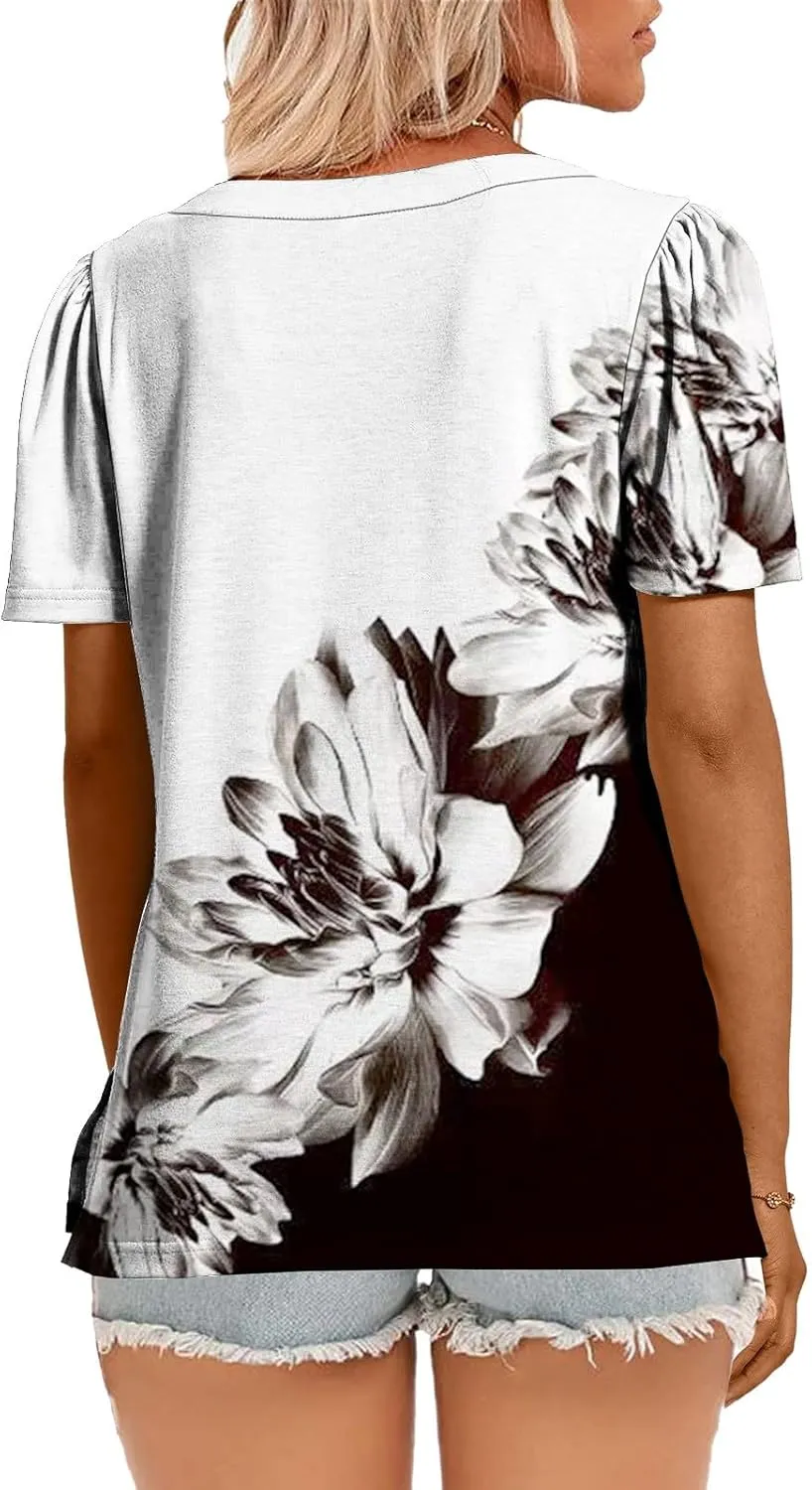 Flowy Summer Tops for Women Trendy Boho Floral Print Tunic Shirts 2025 Casual Short Sleeve Button Crew Neck T Shirt