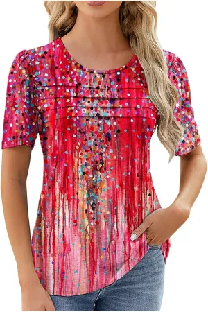 Flowy Summer Tops for Women Trendy Boho Floral Print Tunic Shirts 2025 Casual Short Sleeve Button Crew Neck T Shirt