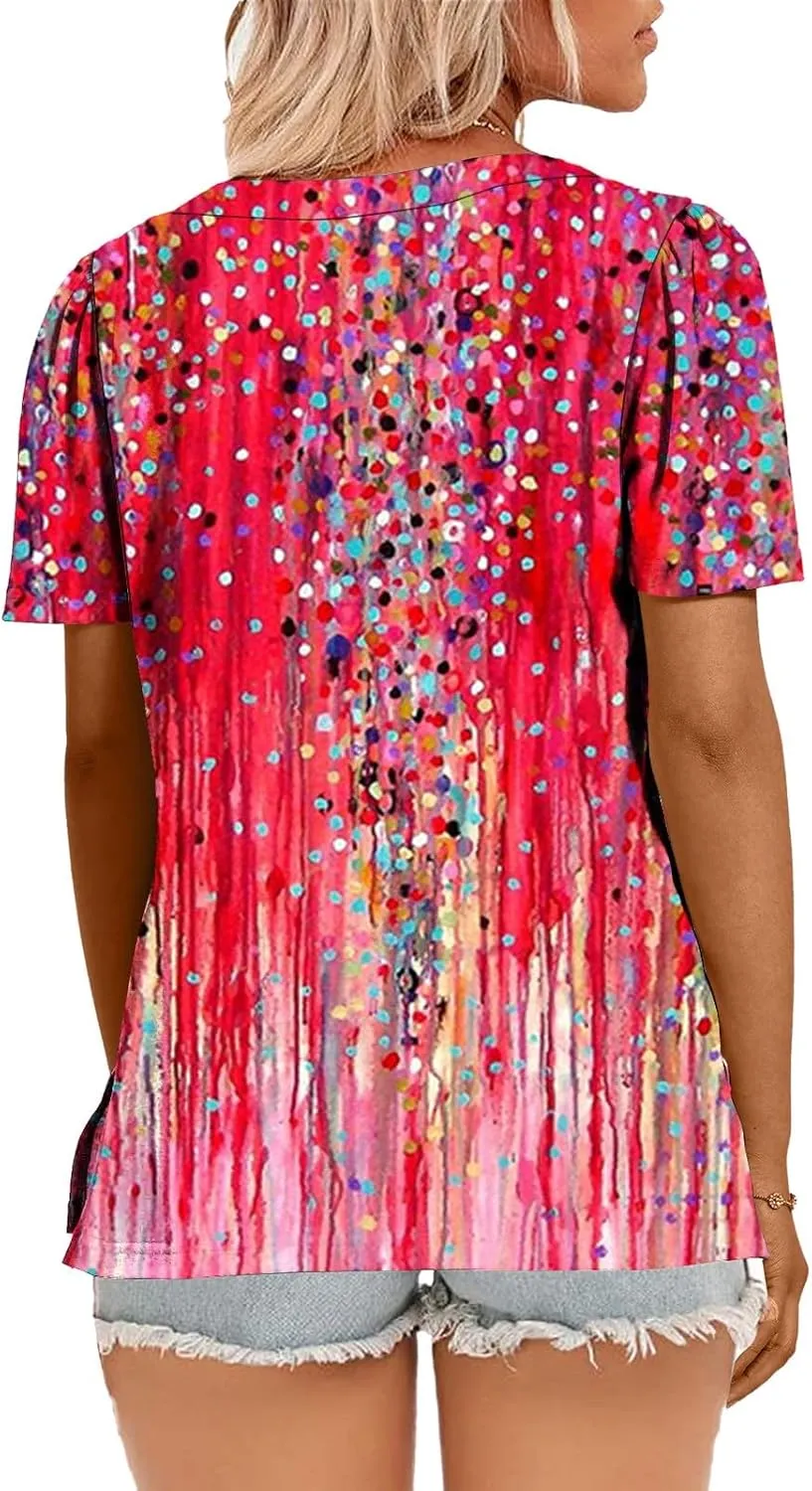 Flowy Summer Tops for Women Trendy Boho Floral Print Tunic Shirts 2025 Casual Short Sleeve Button Crew Neck T Shirt