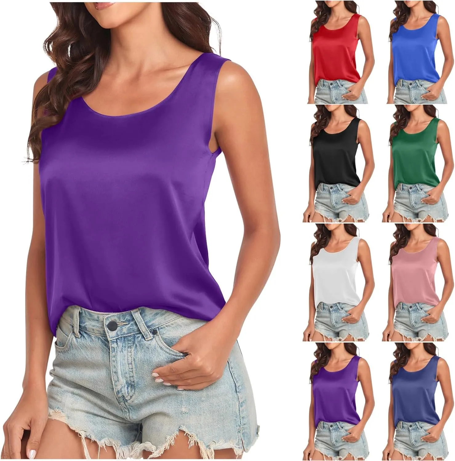 Flowy Tank Tops for Women 2025 Scoop Neck Silk Summer Satin Sleeveless Thick Straps Blouse Basic Camisole Shirts