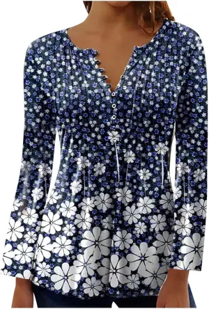 Flowy Tops for Women Empire Waist Vintage Floral Print Boho Tunic Tops Causal Long Sleeve Button Down Bohemian Shirts