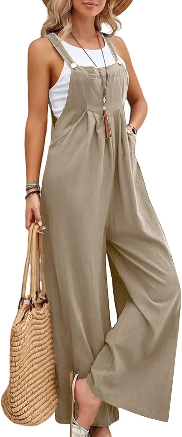 Flygo Womens Overalls Loose Fit Cotton Linen Bib Overall Wide Leg Jumpsuit Rompers with Pockets