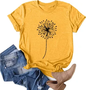 FONMA Casual Tops for Women 2025 Summer Dandelion Printed Crew Neck Short Sleeve Shirt Loose Daily Workout Blouse