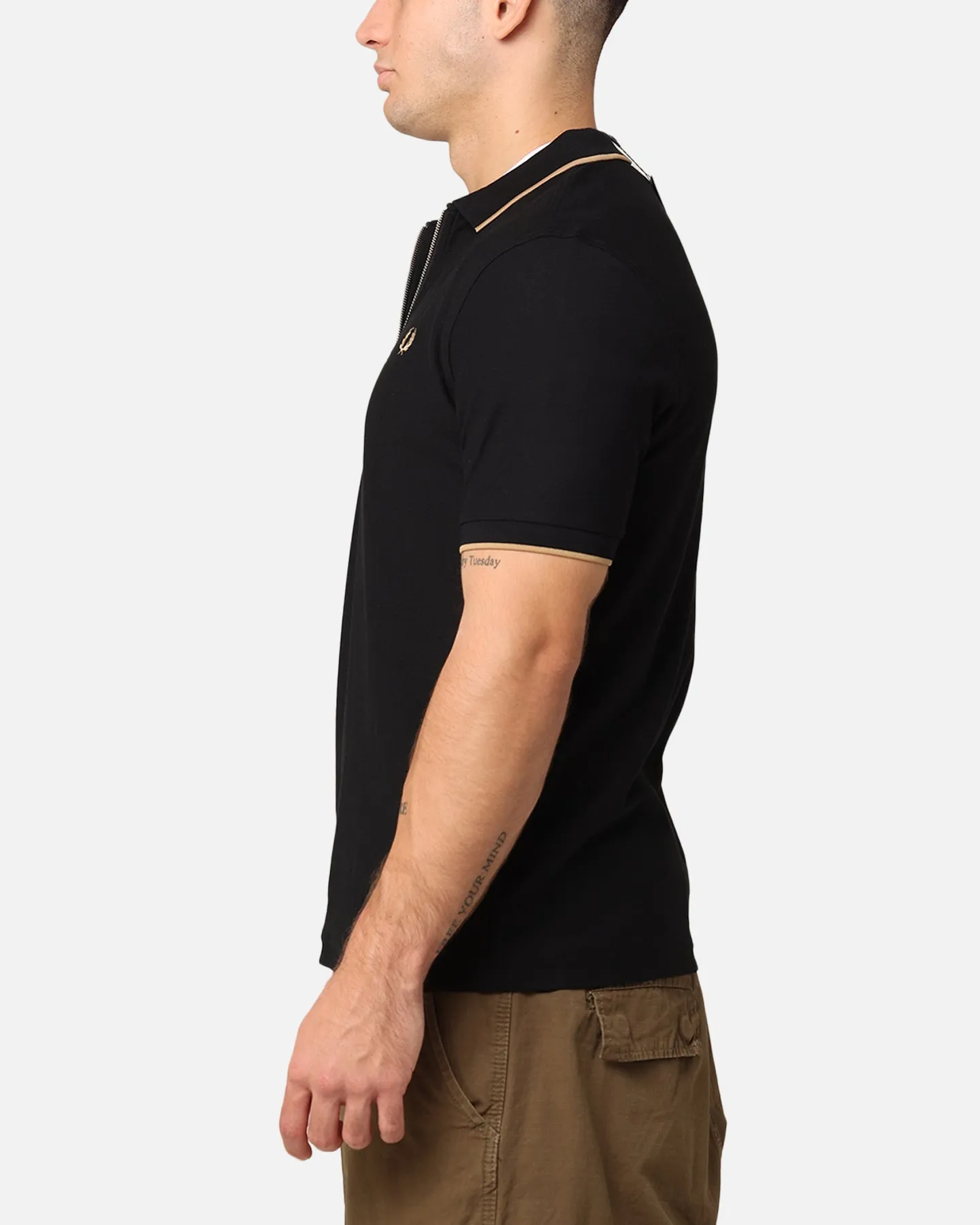 Fred Perry Crepe Pique Zip Neck Polo Shirt Black