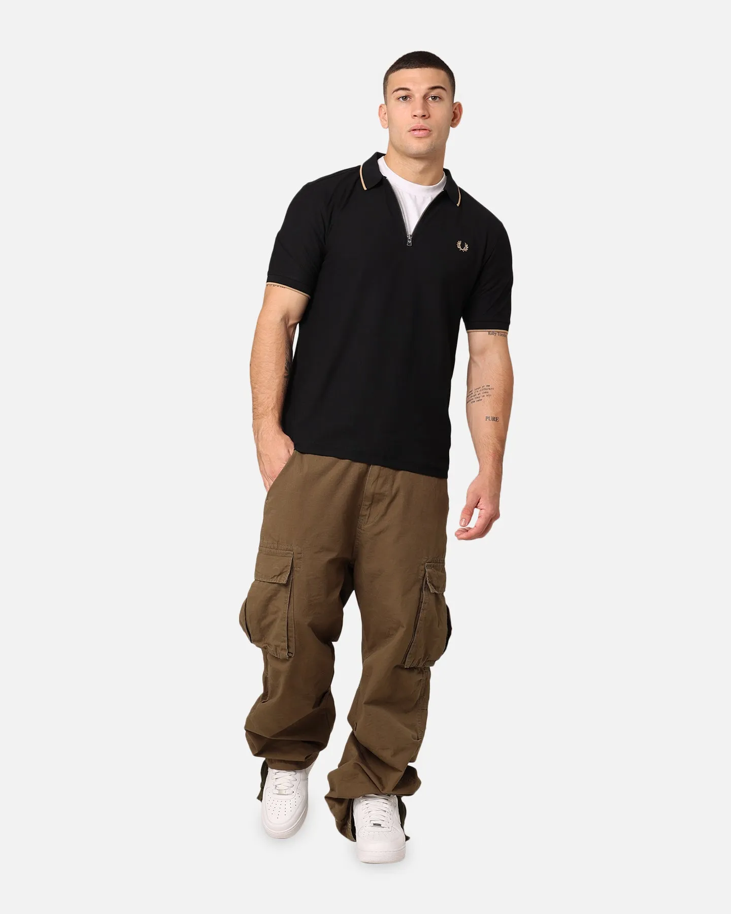 Fred Perry Crepe Pique Zip Neck Polo Shirt Black