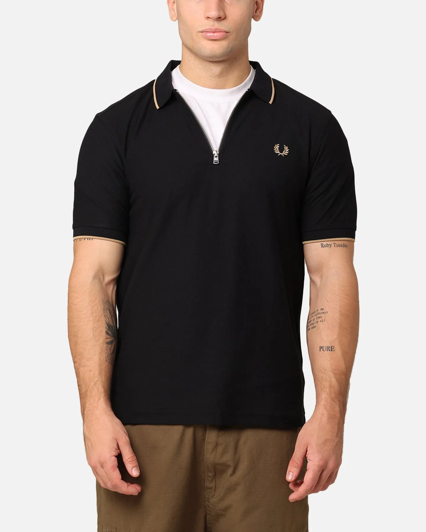 Fred Perry Crepe Pique Zip Neck Polo Shirt Black