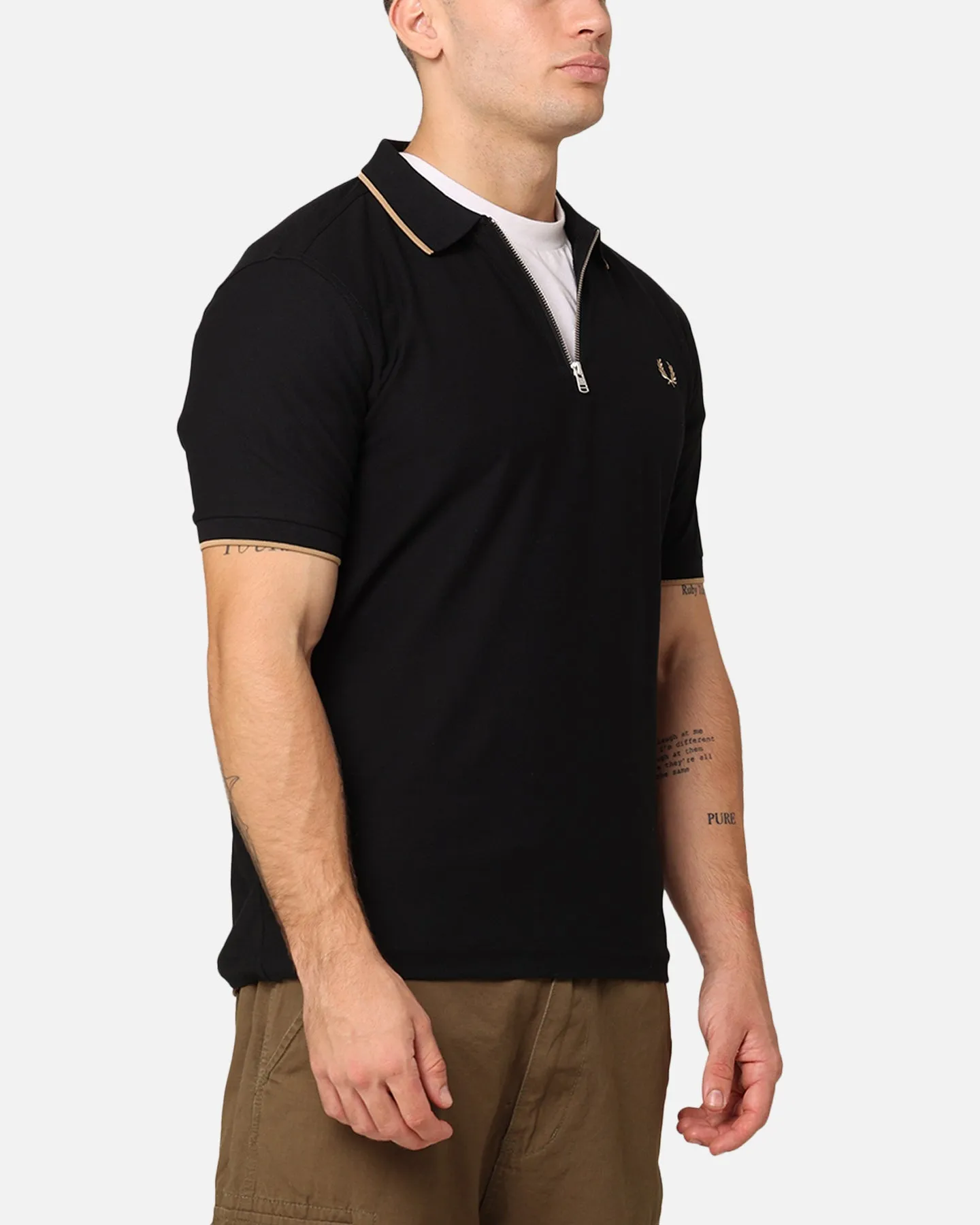 Fred Perry Crepe Pique Zip Neck Polo Shirt Black