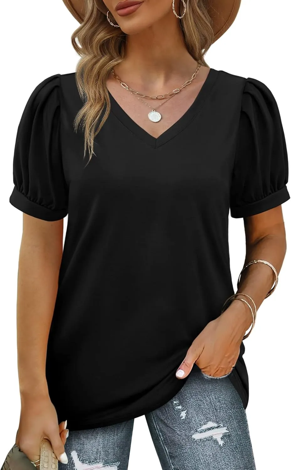 Geifa Womens Summer Tops Puff Short Sleeve V Neck T Shirts Loose Casual Tshirts