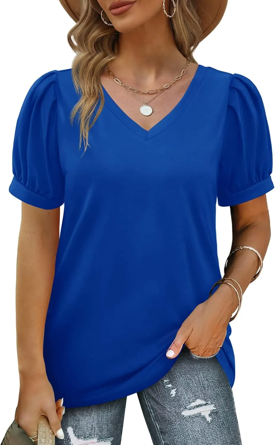 Geifa Womens Summer Tops Puff Short Sleeve V Neck T Shirts Loose Casual Tshirts