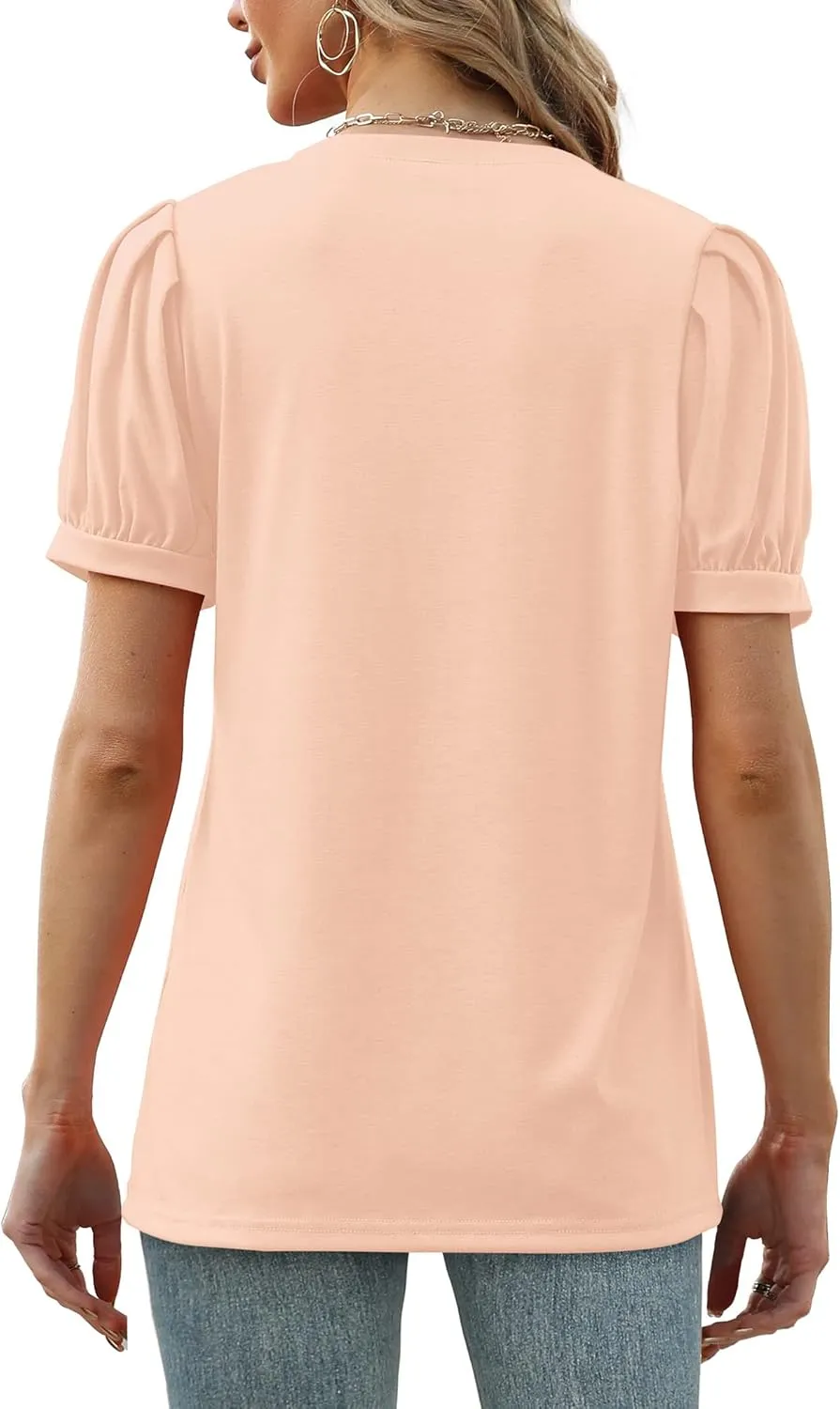 Geifa Womens Summer Tops Puff Short Sleeve V Neck T Shirts Loose Casual Tshirts