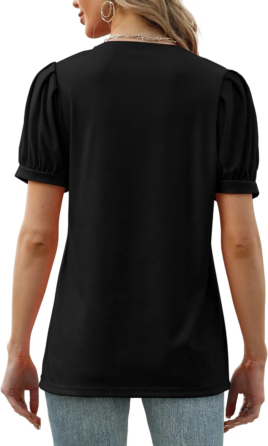 Geifa Womens Summer Tops Puff Short Sleeve V Neck T Shirts Loose Casual Tshirts