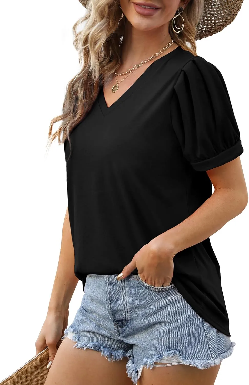 Geifa Womens Summer Tops Puff Short Sleeve V Neck T Shirts Loose Casual Tshirts