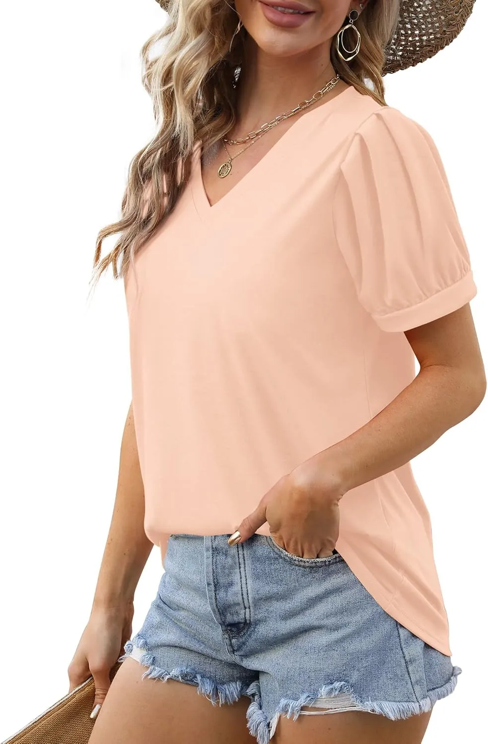 Geifa Womens Summer Tops Puff Short Sleeve V Neck T Shirts Loose Casual Tshirts