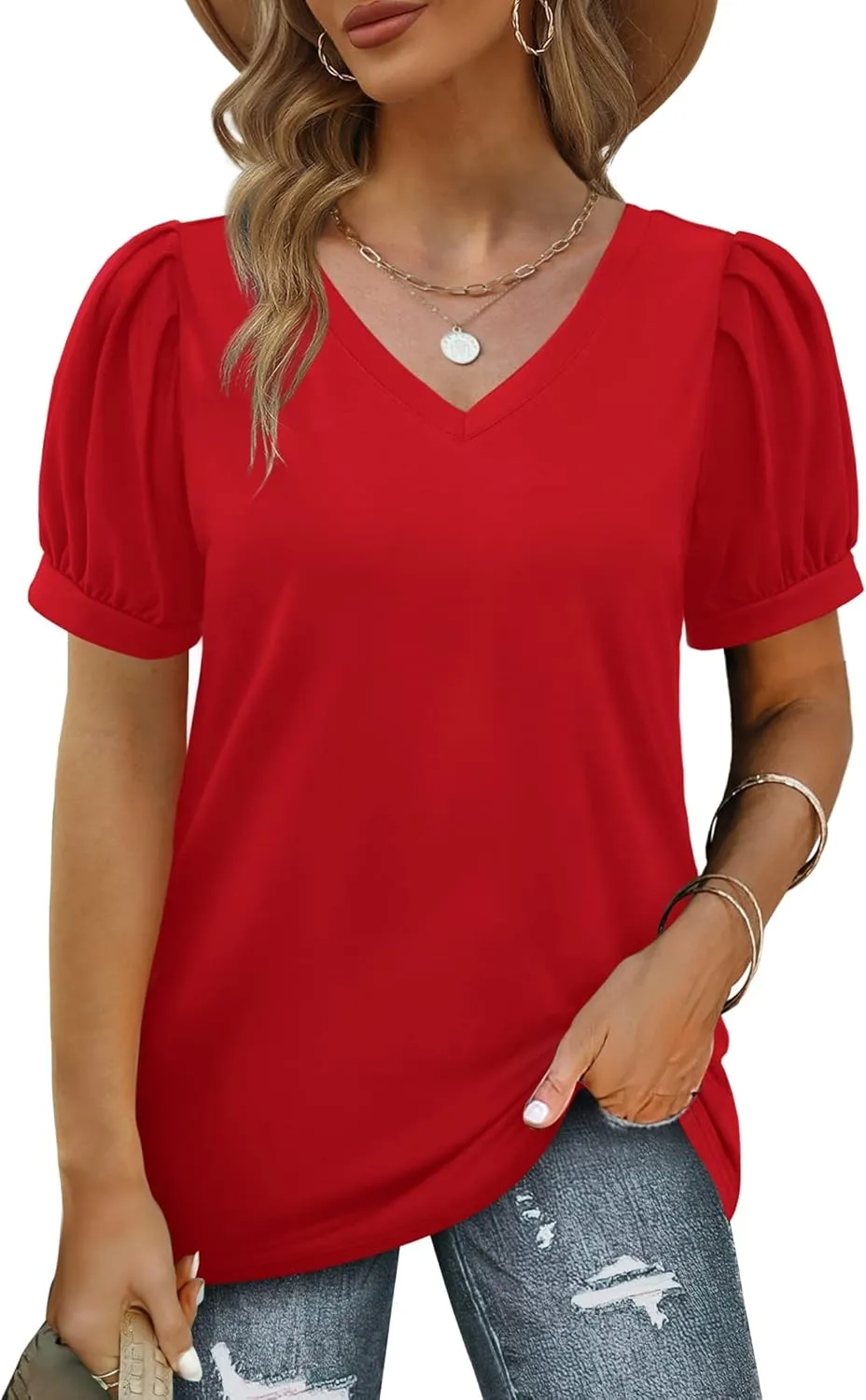 Geifa Womens Summer Tops Puff Short Sleeve V Neck T Shirts Loose Casual Tshirts