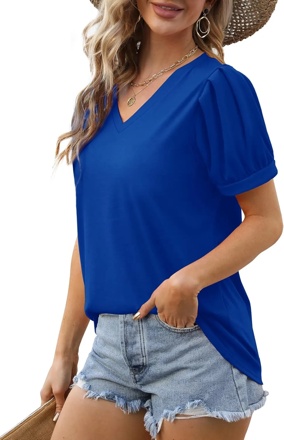 Geifa Womens Summer Tops Puff Short Sleeve V Neck T Shirts Loose Casual Tshirts