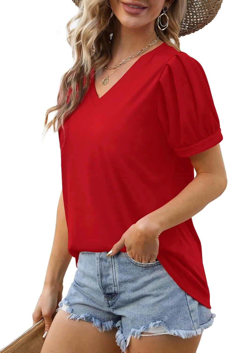 Geifa Womens Summer Tops Puff Short Sleeve V Neck T Shirts Loose Casual Tshirts