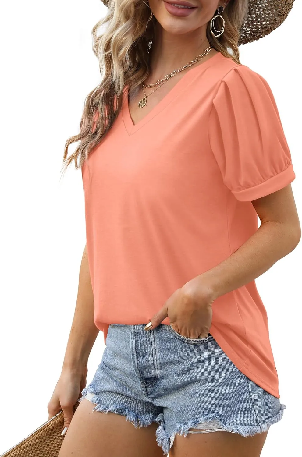 Geifa Womens Summer Tops Puff Short Sleeve V Neck T Shirts Loose Casual Tshirts