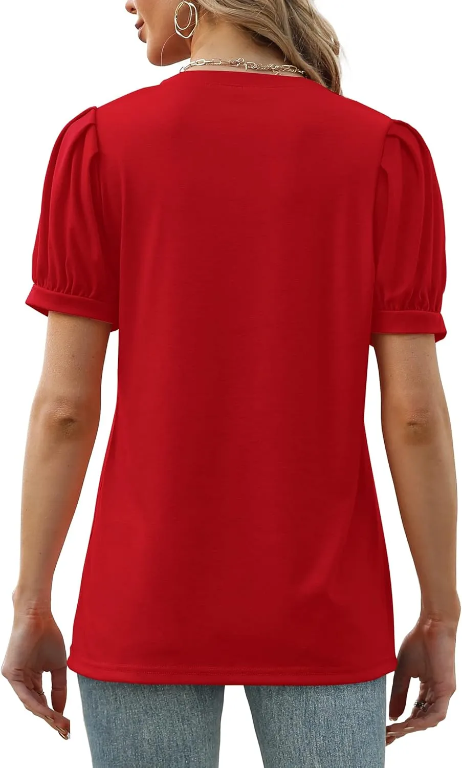 Geifa Womens Summer Tops Puff Short Sleeve V Neck T Shirts Loose Casual Tshirts