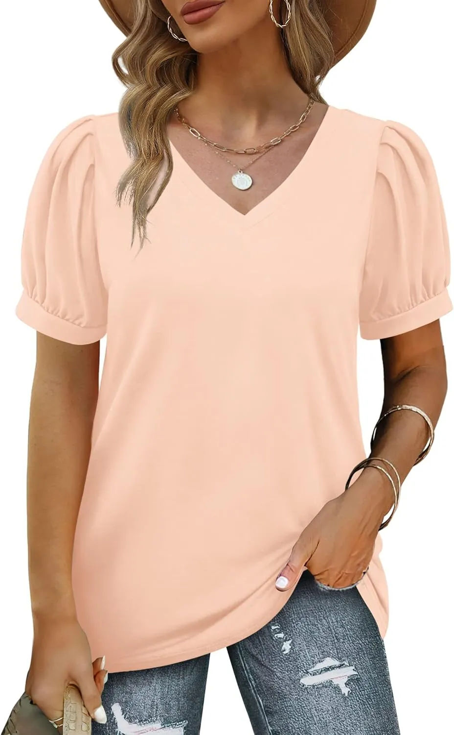 Geifa Womens Summer Tops Puff Short Sleeve V Neck T Shirts Loose Casual Tshirts