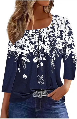 Generic Women's Casual 3/4 Sleeve T-Shirt Square Neck Cute Tunic Tops Button Decor Pleated Dressy Blouse Summer Cute Boho Tee