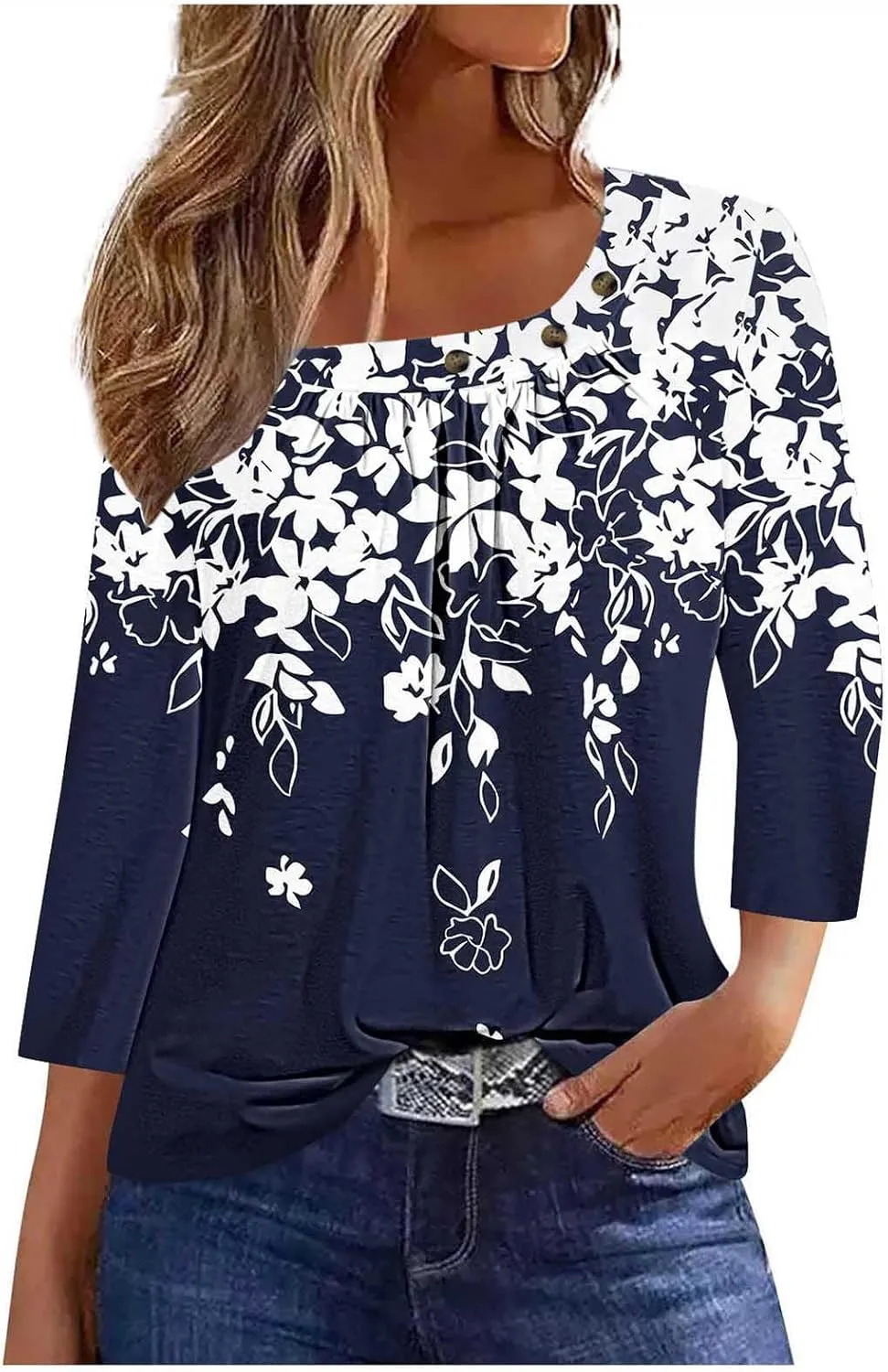 Generic Women's Casual 3/4 Sleeve T-Shirt Square Neck Cute Tunic Tops Button Decor Pleated Dressy Blouse Summer Cute Boho Tee