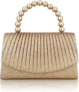 Glamorous Glitter Evening Clutch  Pearl String Embellishment, Elegant Pleated Design, Perfect Handbag for Weddings, Parties & Special Occasions