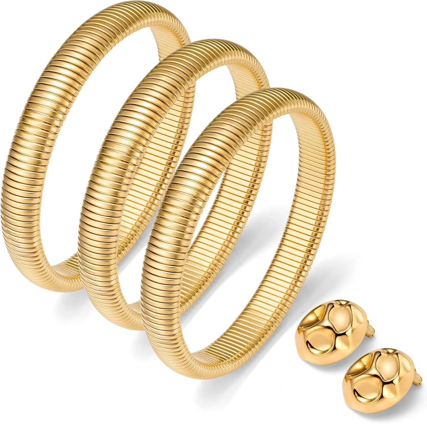 Gold Bangle Bracelets for Women Non Tarnish, 4Pcs Stackable Bracelets & Irregular Earrings, Dainty Stretch Bracelets Trendy, Gold Plated Chunky Bracelets for Women